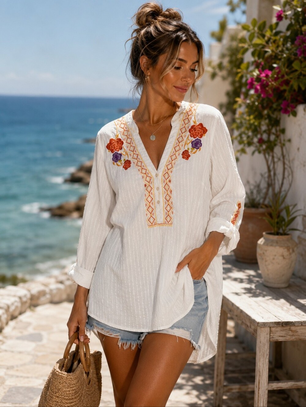 STYLE & CO Tunic Blouse Womens Plus 1X White Embroidered Cotton Boho Coastal